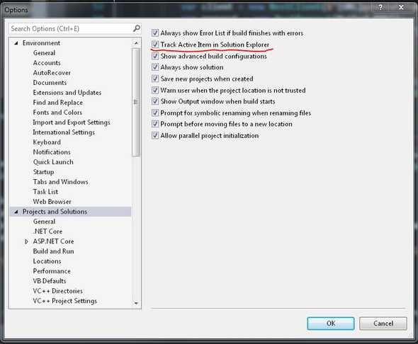 Select Track Active Item in Solution Explorer in Visual Studio Options