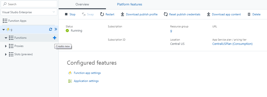 Azure Functions Overview Screen.