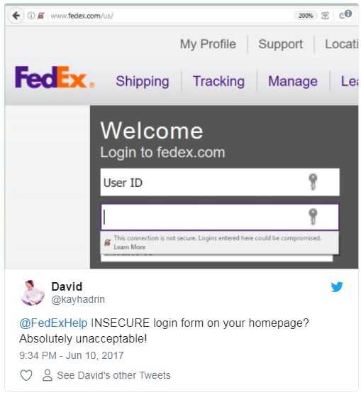 A tweet "@FedExHelp INSECURE login form on your homepage? Absolutely unacceptable!"