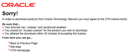 Oracle website screenshot. In order to download products from Oracle Technology Network you must agree to the OTN license terms.
